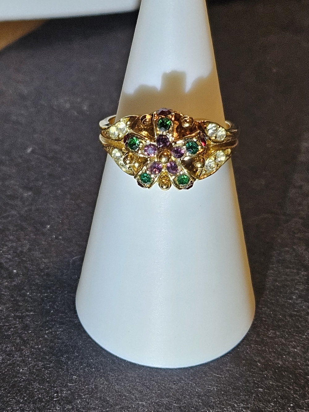 J. Lindeberg Gold Floral Crown Ring with Green, Purple & Red Stones. Size 8 - Picture 6 of 9